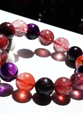 天然黑加仑彩超七j手链女单圈金草莓云母片骨干满发丝紫红超七水