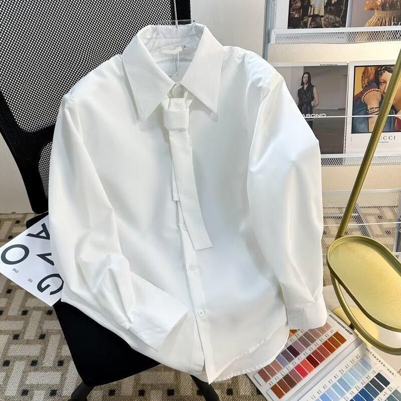 高级感领带垫肩设计衬衫男士潮流垂坠感小众尖领宽松白色长袖衬衣,男装,衬衫,淘宝优惠券,粉丝福利购,淘宝优惠卷