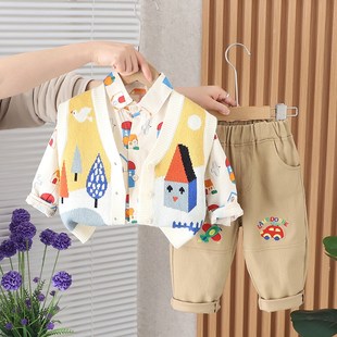 男童春秋套装2024新款婴儿童春季洋气男宝宝春装毛衣马甲三件套潮