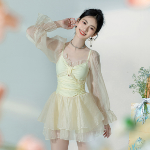 【月色朦胧】连体裙式遮肚显瘦保守温柔杏色仙气泳衣微胖女孩遮肉