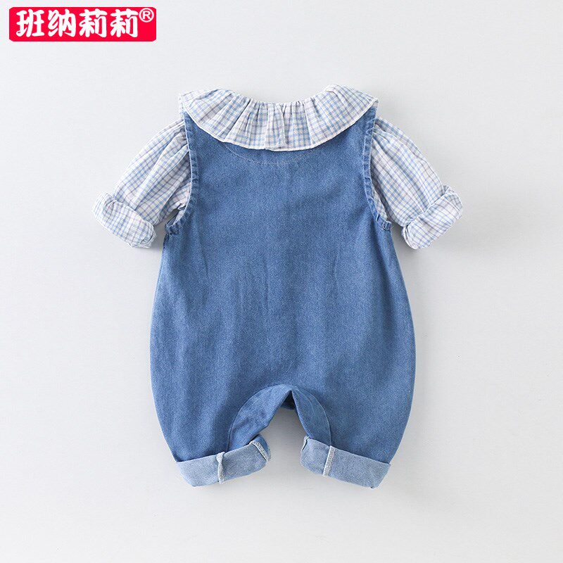 婴儿春秋套装连体衣女宝宝洋气背带裤甜美牛仔哈衣衬衣分体两件套