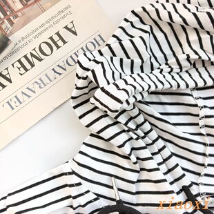 文艺气场 优质冬季打底宽条纹长袖中长水洗T恤英伦学院风宽松