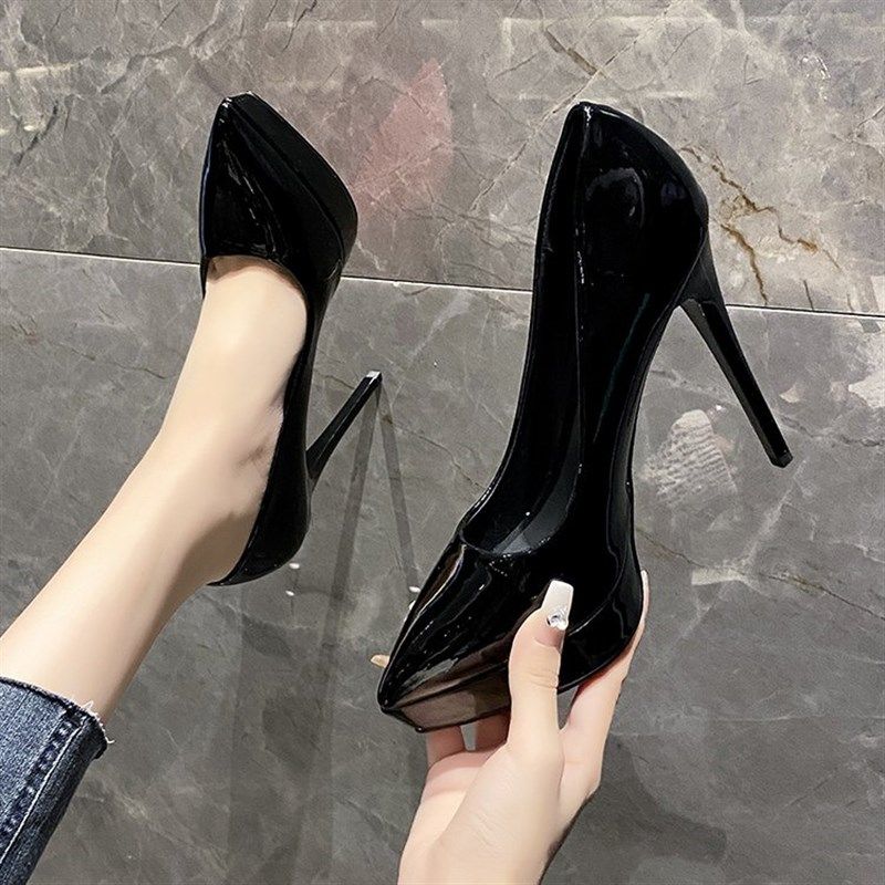 高跟鞋女细跟工作鞋2024年新款尖头鞋漆皮防水台时尚上班单鞋10cm,女鞋,浅口单鞋,淘宝优惠券,粉丝福利购,淘宝优惠卷