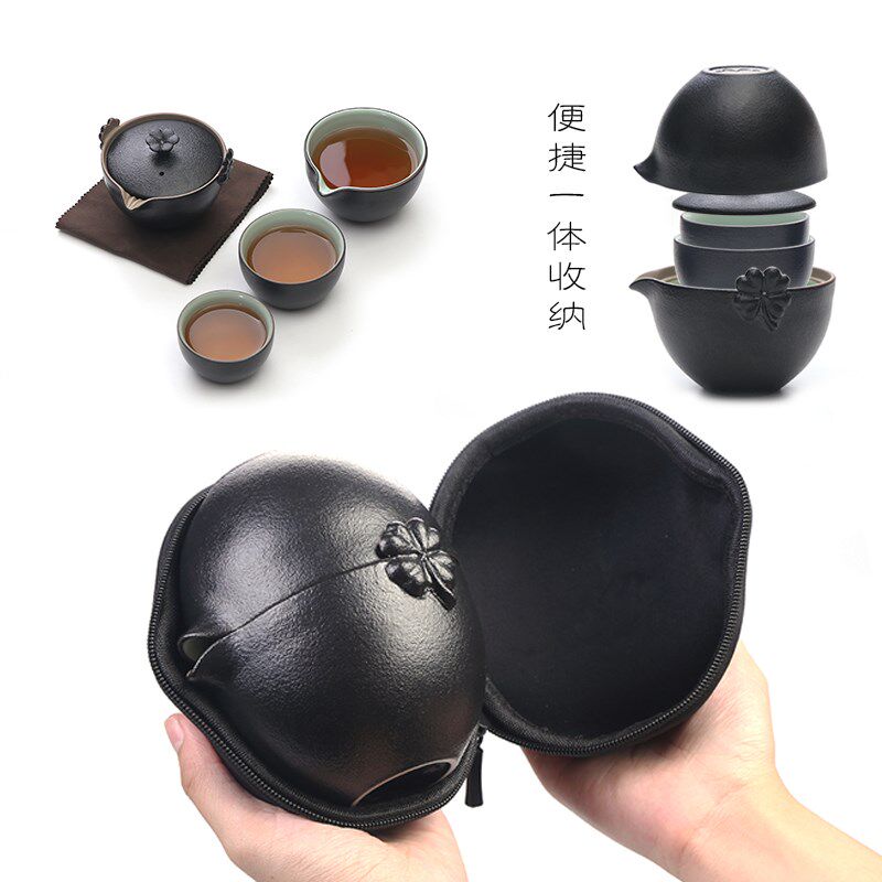 快客杯旅行功夫茶具套装黑陶一壶两四杯公道杯茶叶罐简约便携收纳
