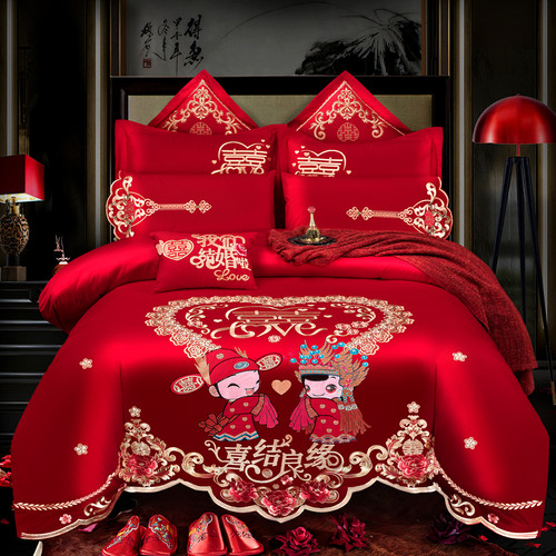 婚庆四件套大红色全棉刺绣新婚喜被套件纯棉婚房绣花结婚床上用品