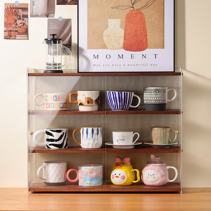 桌面杯子置物架实木拉门咖啡茶具收纳柜餐桌压克力防尘杯架