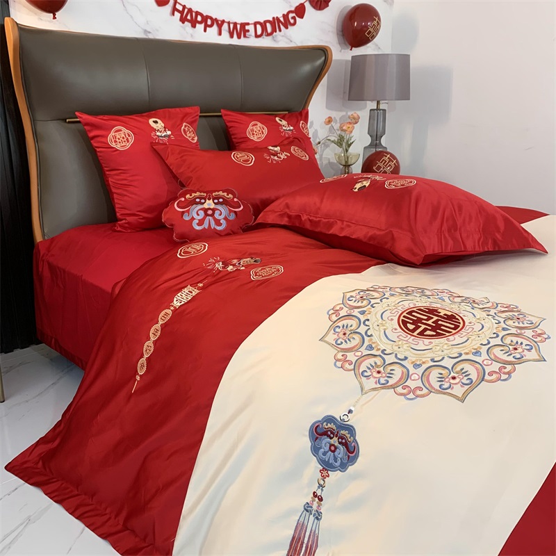现货刺绣结婚床上用品四件套全棉婚庆大红色床单被套婚礼