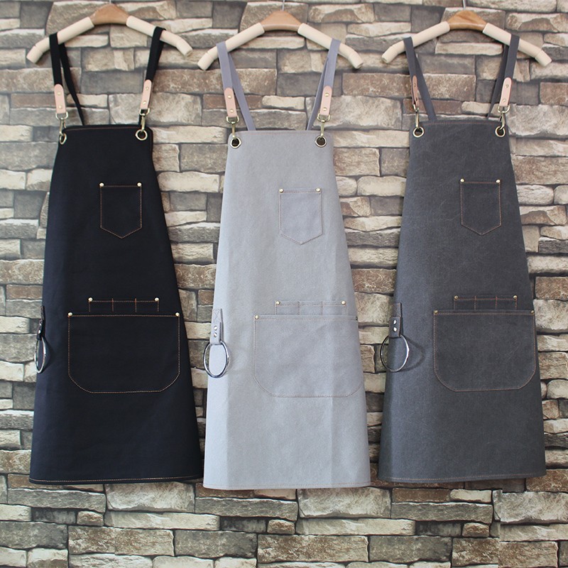 高级咖啡师围裙定制印字女防水奶茶店美甲工作服黑色帆布牛仔男士