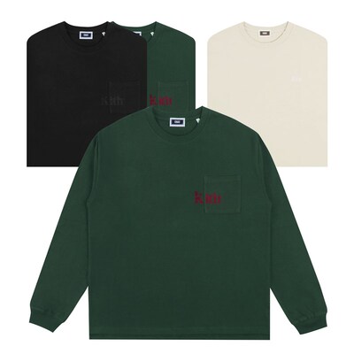 Kith Quihnn Tee 植绒logo口袋长袖美式街头T恤春秋情侣款打底衫