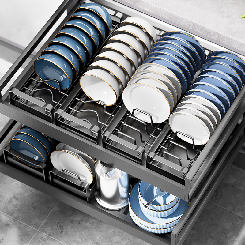 不锈钢碗碟收纳架柜内抽屉内置沥水碗架分隔放盘子拉篮厨房置物架