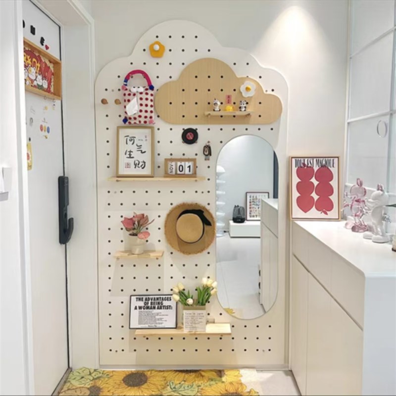 洞洞板置物架定制实木挂衣架一体入户玄关墙上桌面装饰收纳造型墙