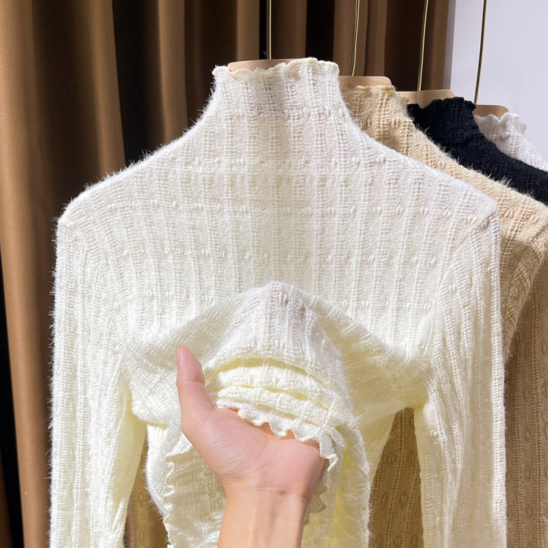 高领磨毛蕾丝内搭小衫女秋冬新款洋气保暖打底衫女独特.别致蕾丝