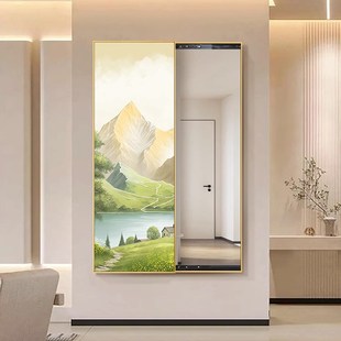 现代简约入户玄关装 可关闭镜子Q壁画卧室试衣镜挂 饰画推拉暗藏式