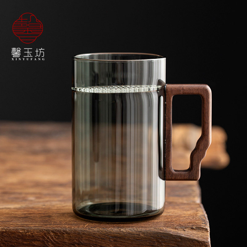 烟灰色水杯月牙过泡茶杯绿茶办公木把喝茶杯