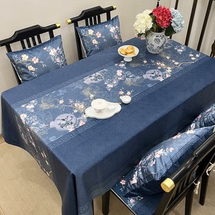 中国风深蓝色丝绒餐桌布椅子C套罩长方形古典茶几桌布布艺