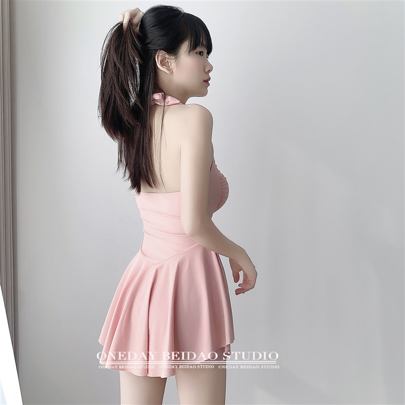 粉色小清新泳衣女游泳衣女连体裙式小胸聚拢平角保守显瘦遮肚温泉