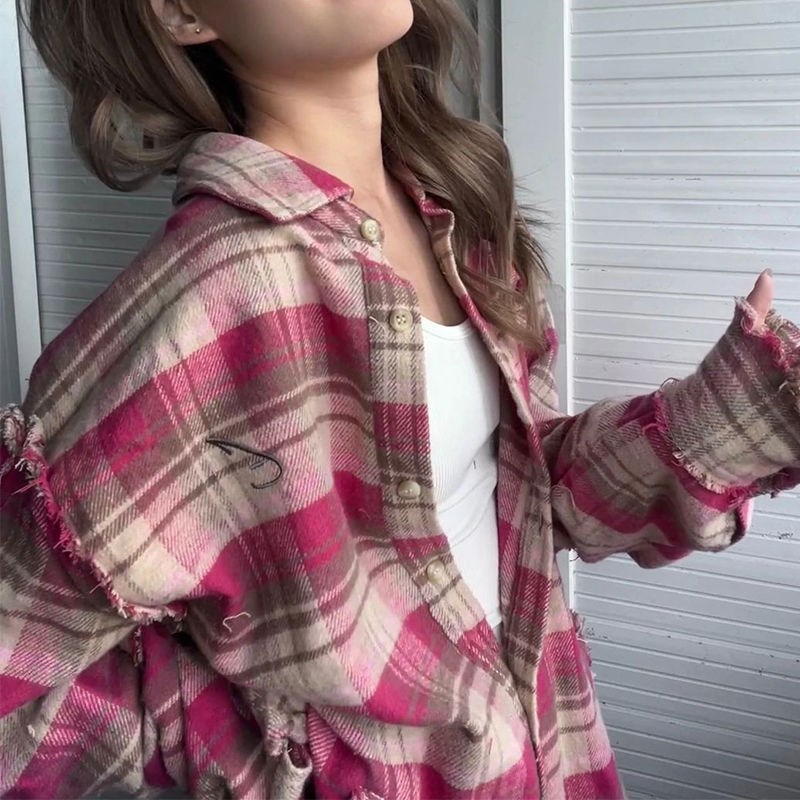 特大码300斤流苏边格子衬衫男女春秋美式宽松港风高级感ins潮衬衣