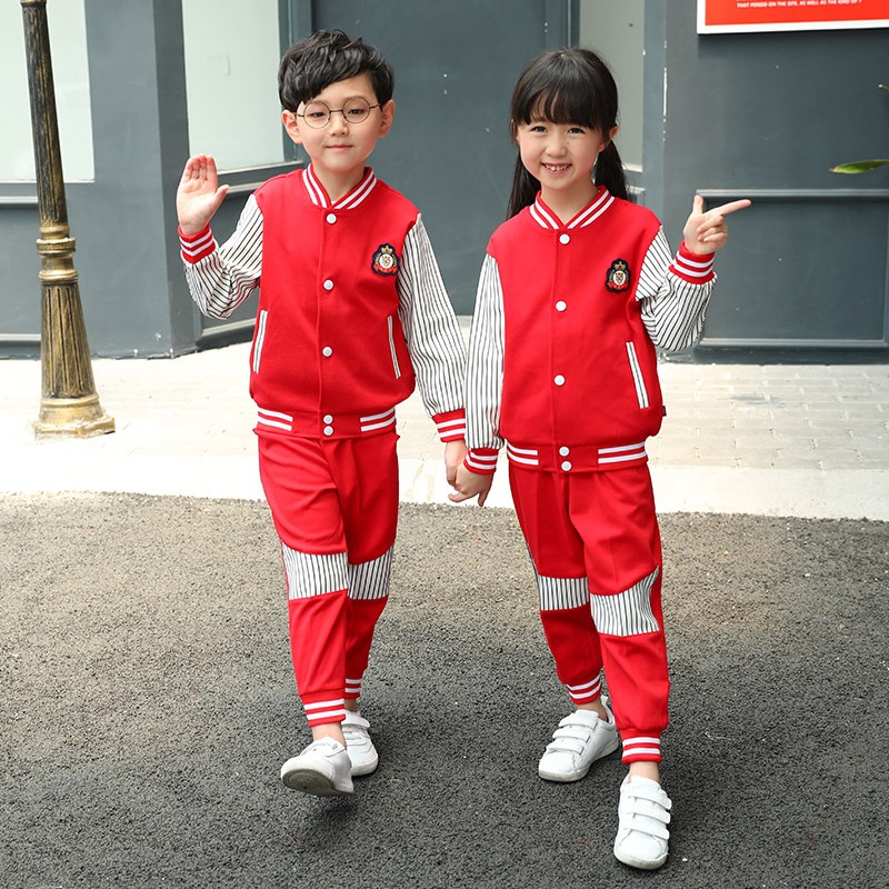 幼儿园园服春秋款班服校服红色条纹英伦风纯棉套装棒球服夏装定做