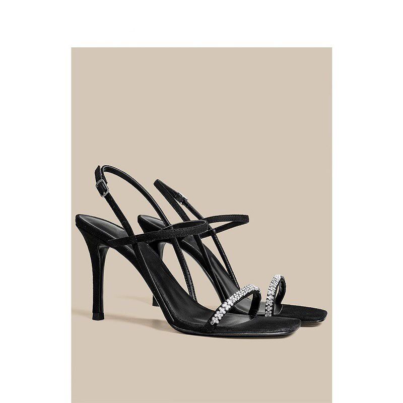 夏季黑色高跟鞋女细跟绒面一字带水钻高跟法式小凉鞋女款2024新款