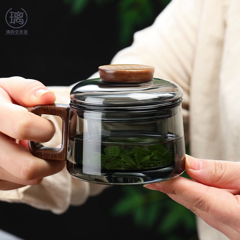 办公玻璃茶杯透黑墩墩杯咖啡杯茶水分离办公室专用高硼硅耐热水杯