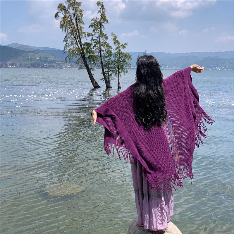 【紫萱】民族风流苏镂空开衩披肩女外搭紫色百搭旅游拍照披肩斗篷