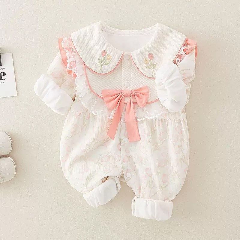 婴儿双层连体衣01岁女宝宝春秋装哈衣可爱公主新生儿外出爬服洋气