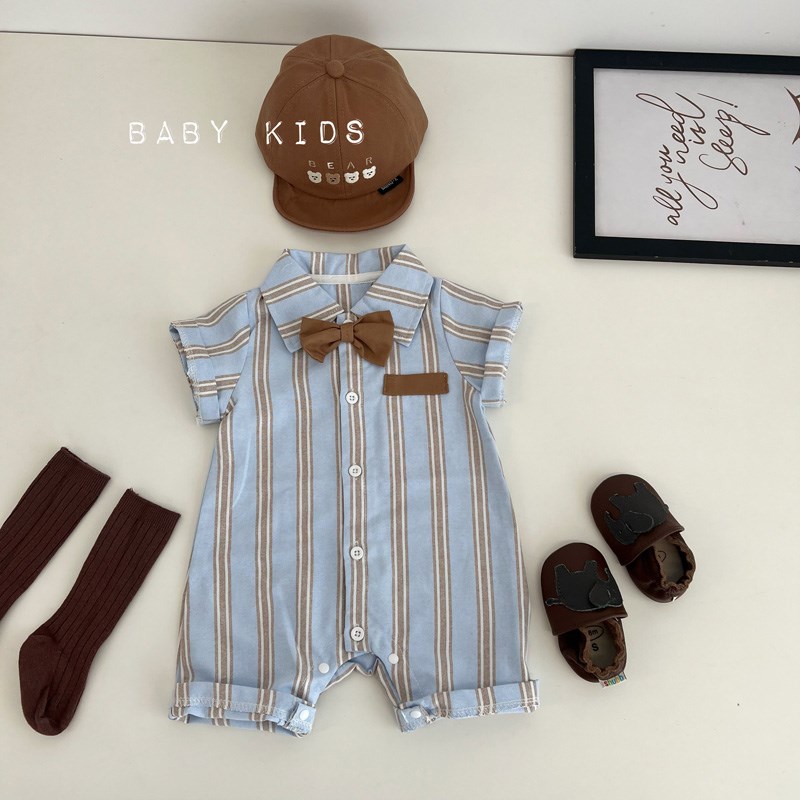 夏季男宝宝满月帅气条纹领结衬衫婴幼儿百天周岁外出连体衣爬服潮