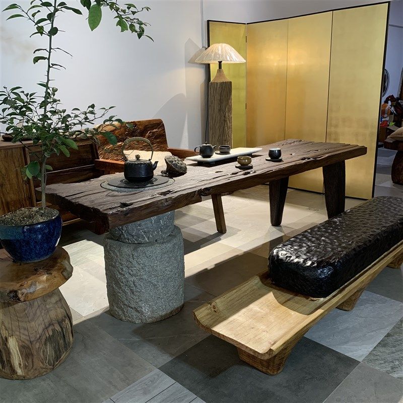 侘寂风老木与老石炭炉桌子原木风化茶桌大板实木围炉煮茶桌泡茶桌,住宅家具,家用茶台/茶桌,淘宝优惠券,粉丝福利购,淘宝优惠卷