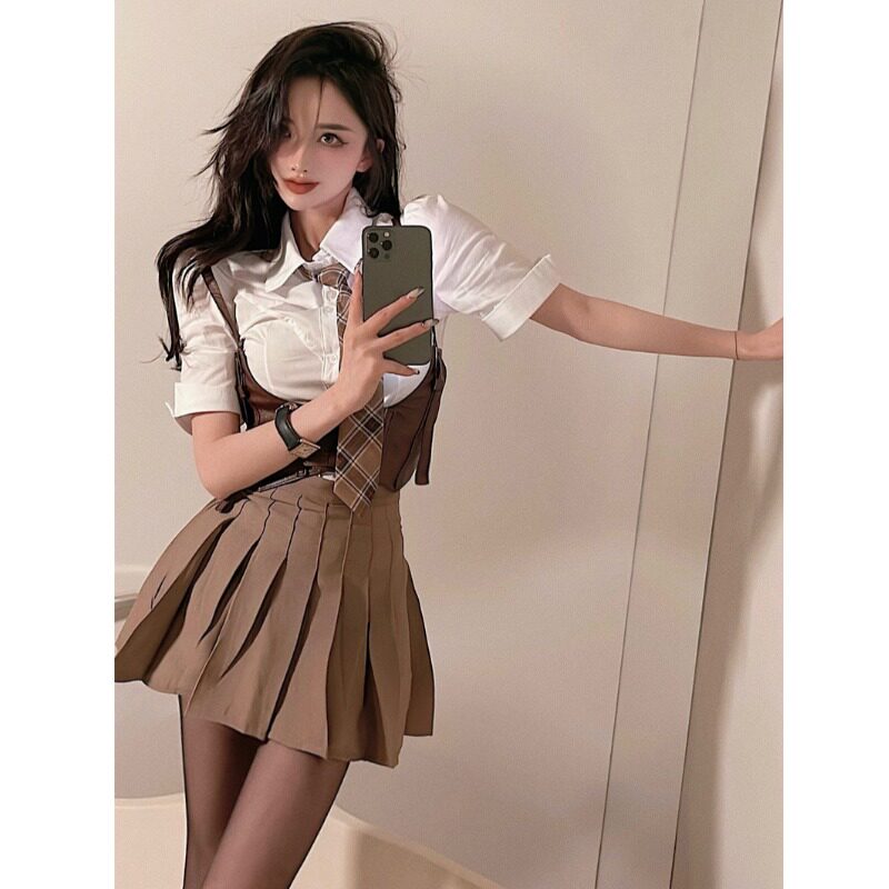 美式学院风衬衫jkk制服套装夏季纯欲辣妹腰封马甲百褶裙校服三件