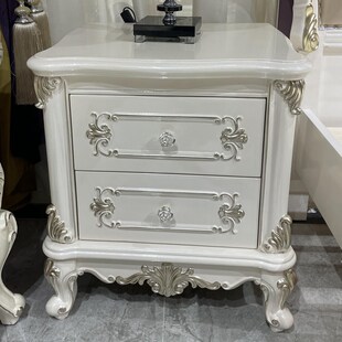 欧式床头柜美式实木雕花双抽储物柜收纳柜珍珠白烤漆面法式主次卧