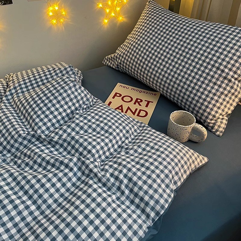 水洗棉学生宿舍床上三件套简约蓝小格被套床单人床高中生四件套男