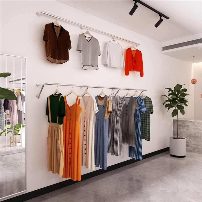 不锈钢男女服装展示架陈列架子上墙悬挂式转角落地挂衣架拉丝银色