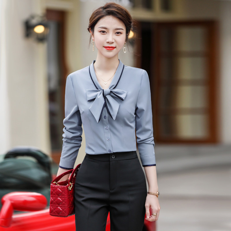 灰色蝴蝶结长袖i白衬衫职业套装女酒店空姐餐饮服务员工作服春秋