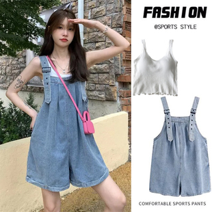 孕妇装套装夏季时尚牛仔背带裤宽松网红外穿阔腿裤V夏装孕妇两件