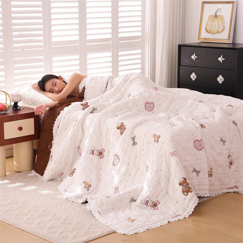 加厚纯棉纱布双人花边盖毯全棉柔软云朵纱泡芙被卡通可爱毛巾盖被