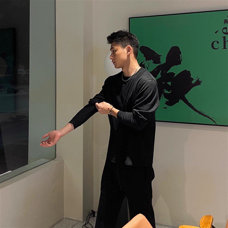 大码300斤美式纯色重磅打底衫男士圆领保暖基础款秋冬长袖简约T恤