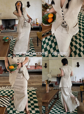 1CP 杏色透气麻料垫肩马甲半y裙两件套女夏季新款黑色时尚套装绿