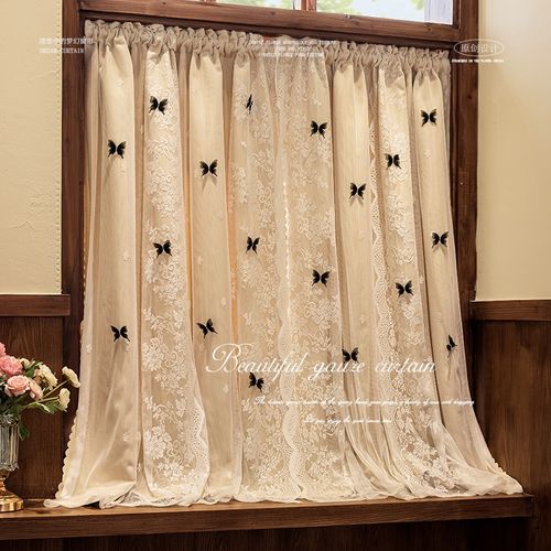 双层遮光卧室窗帘纱布一体公主风法式奶茶色ins蝴蝶网红蕾丝门帘