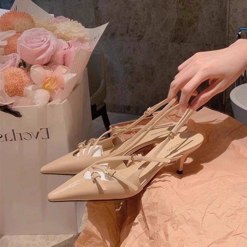 裸色包头鞋女细跟尖头凉鞋法式气质一字扣带后空高跟鞋2024新款,女鞋,时装凉鞋,淘宝优惠券,粉丝福利购,淘宝优惠卷