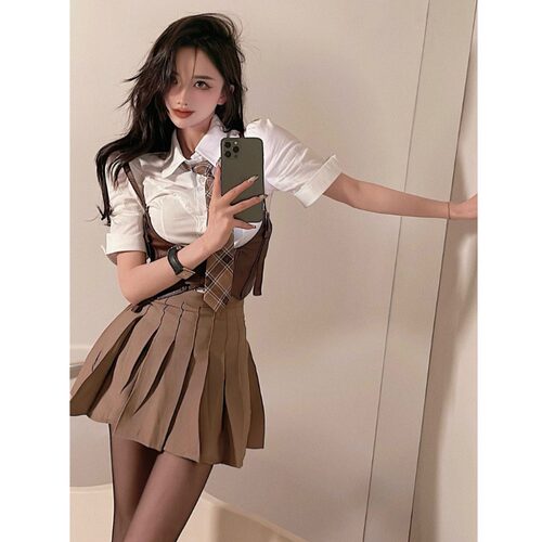 美式学院风衬衫jkk制服套装夏季纯欲辣妹腰封马甲百褶裙.校服三件