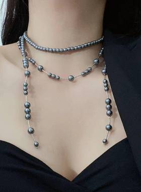 欧美秋冬长款珍珠多层流苏网红项链小众高级感不对称毛衣链颈链潮
