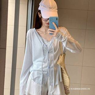 甜美套装单排扣条纹长袖外套女夏季内搭蕾丝边吊带背心上衣两件套