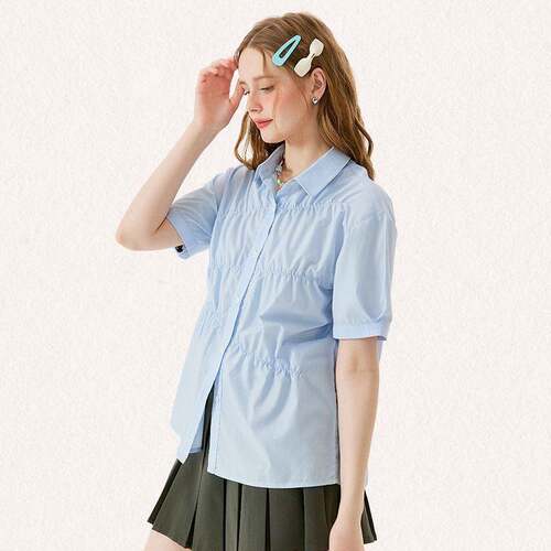 NEOTCG夏季蓝色褶皱衬衫女短袖新款设计感小众潮流宽松休闲高级