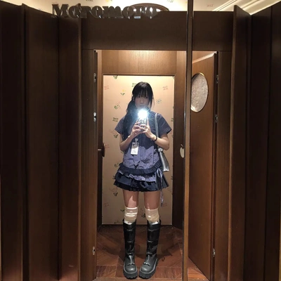 moromoro复古格纹娃娃领下摆花边短袖衬衫/网纱格纹拼接双层屁帘