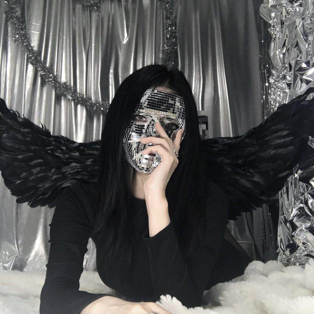 黑天使镜面面具羽毛翅膀cos假面女王派对御姐装扮网红拍照小道具.