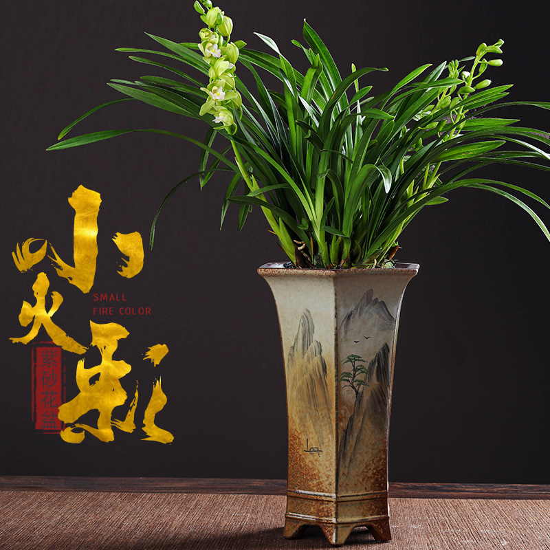 创意陶瓷高款花盆高档禅意古典手绘兰花蝴蝶兰小火彩紫砂专用大盆