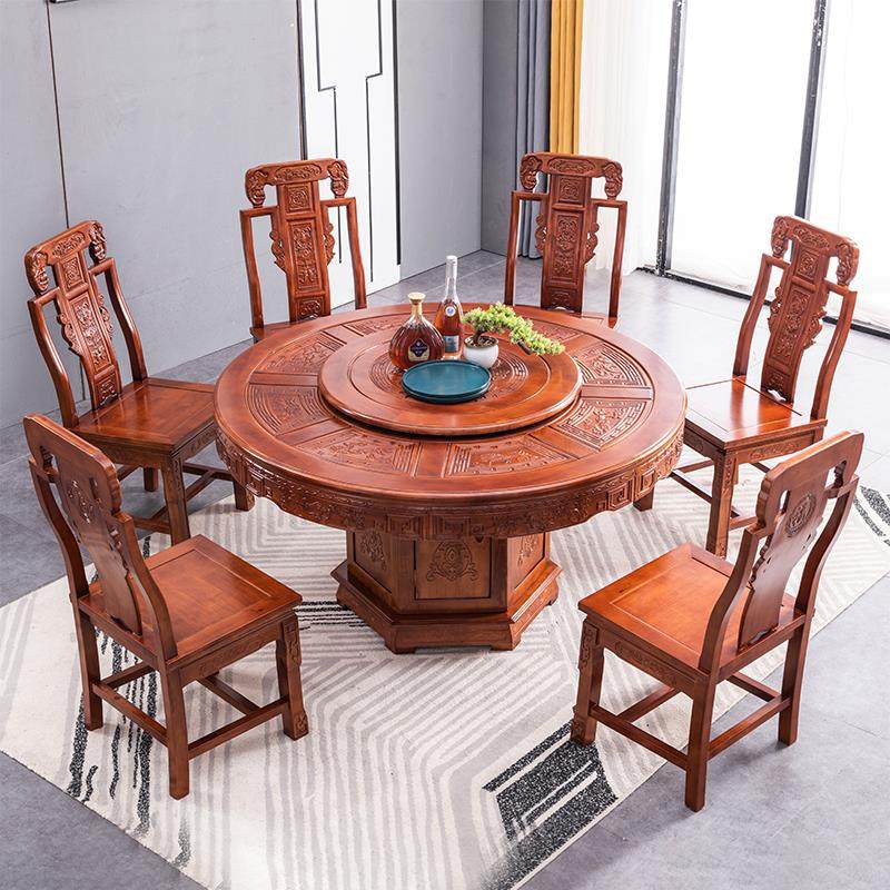 全实木餐桌椅组合橡木中式仿古雕花家用吃饭桌子10人大圆桌带转盘