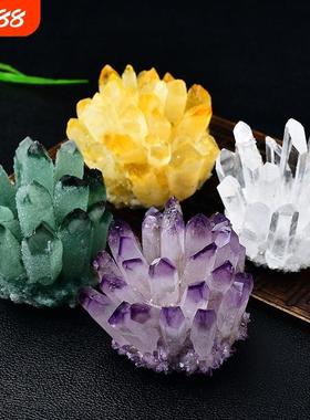 天然紫消磁白水晶簇摆件黄绿观赏矿石标本家居客厅办公室装饰水晶