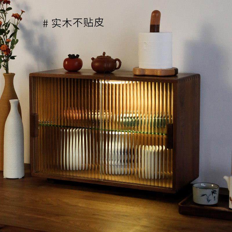 黑胡桃实木桌面收纳盒感应灯防尘水杯收纳柜茶具杯子置物架餐边柜,收纳整理,桌面收纳盒,淘宝优惠券,粉丝福利购,淘宝优惠卷