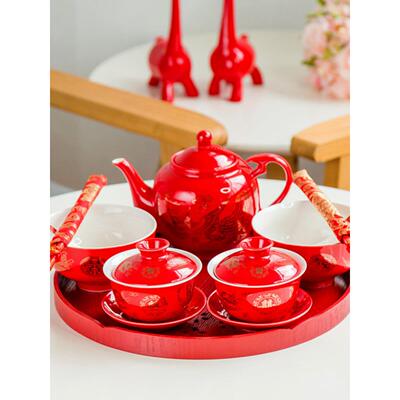 结婚改口敬茶杯喜碗喜杯喜筷红色茶具套装敬茶茶杯新人婚庆送礼